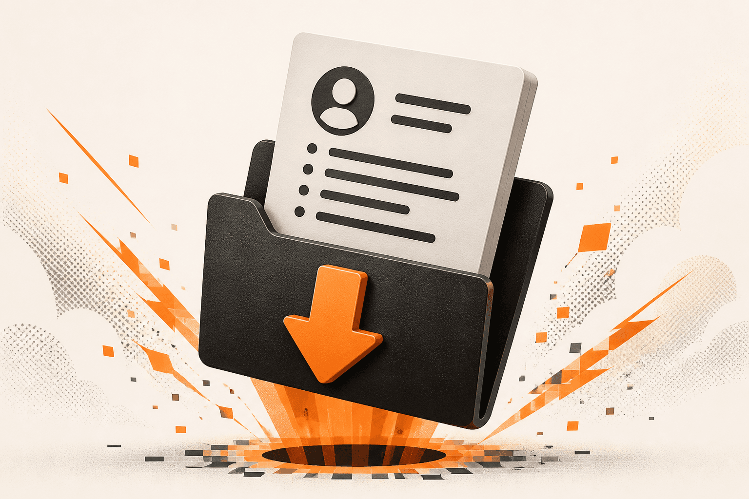 Illustration of a resume being pulled out of a dark folder by a large orange download arrow