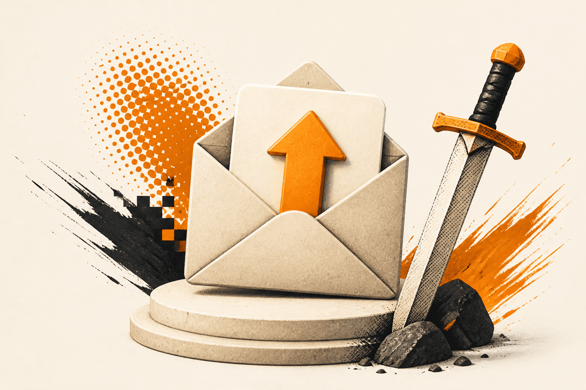 Stone envelope on a plinth with an orange upward arrow emerging from it, beside a sword driven into rock