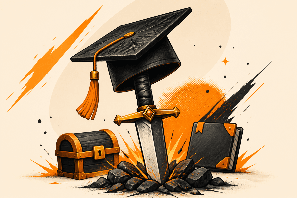 Graduation cap resting on a sword driven into rock, beside a treasure chest and a ledger book