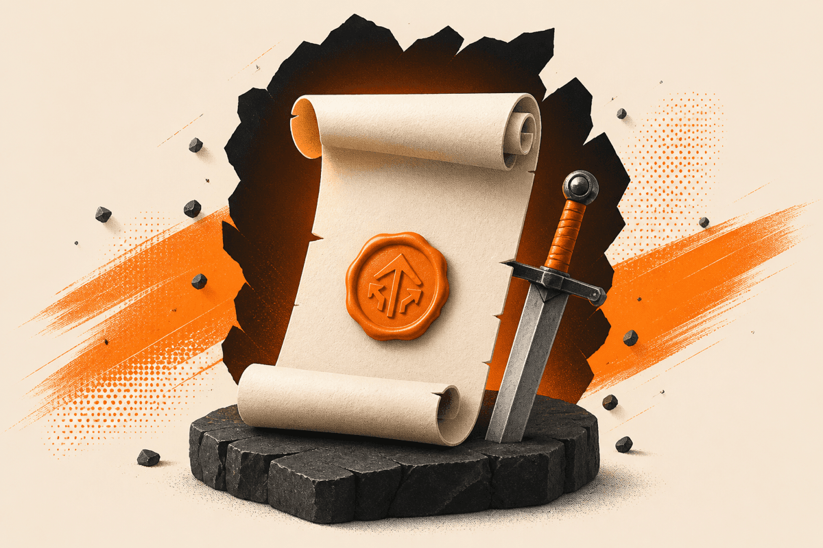 Parchment scroll sealed with an orange wax stamp resting on a stone plinth beside a sword