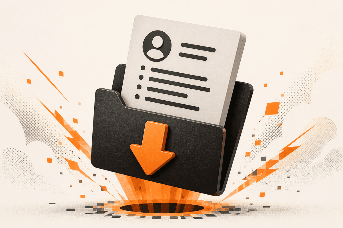 Illustration of a resume being pulled out of a dark folder by a large orange download arrow