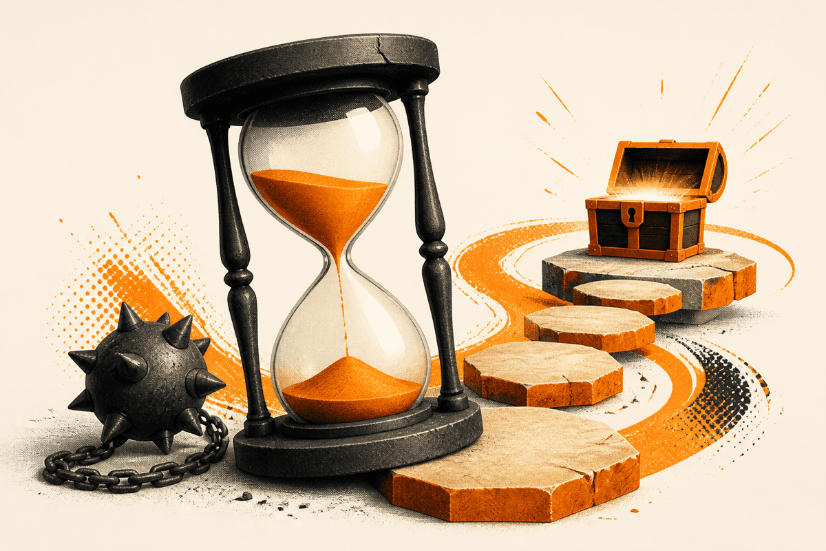 Illustration of an hourglass with orange sand beside a chained spiked ball, with a stepping-stone path leading to a glowing treasure chest