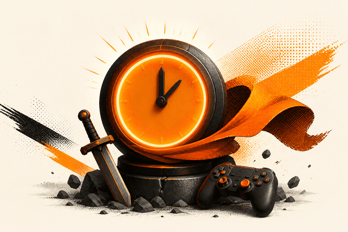 Glowing orange clock on a stone plinth flanked by a sword and a game controller, representing a closing application window