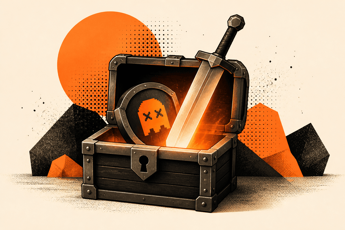 Illustration of a treasure chest opening to reveal a sword and a shield marked with a pixel icon, representing a job search loadout