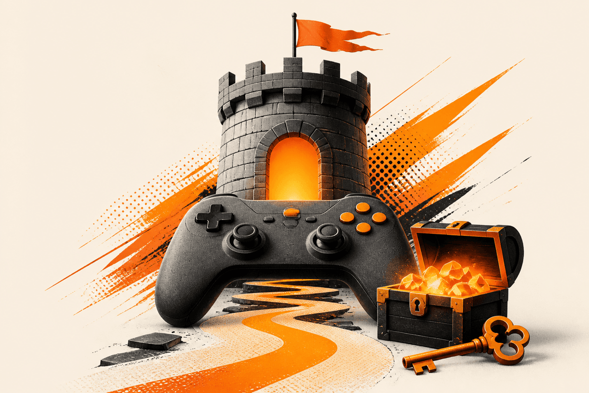 Game controller in front of a stone castle tower with an orange flag, beside a treasure chest and key on a winding path