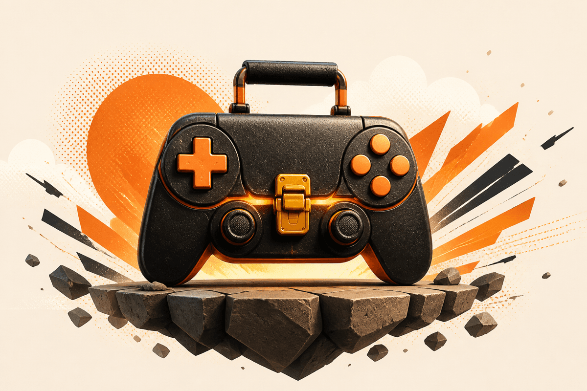 Game controller shaped like a briefcase with a gold latch, resting on a rock platform against an orange sunburst
