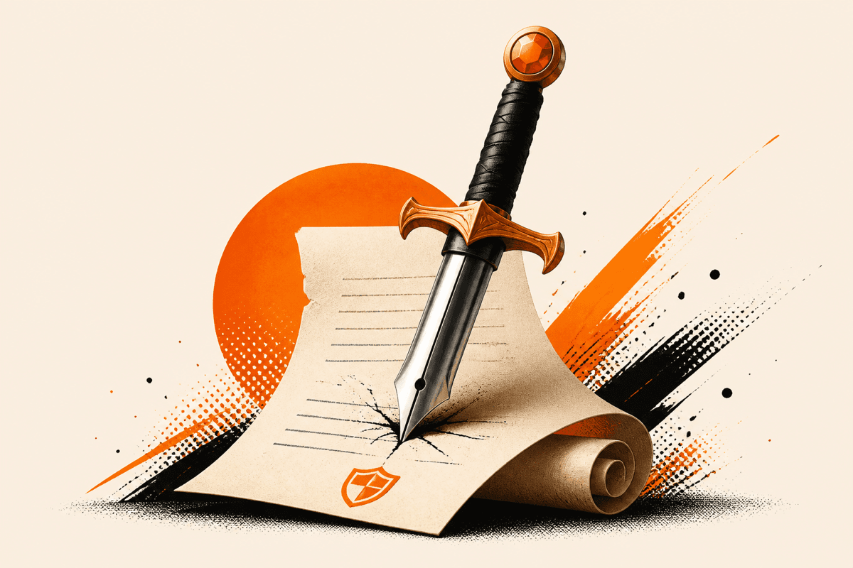 Illustration of a sword-like fountain pen striking a formal application scroll, representing a joining application for a job