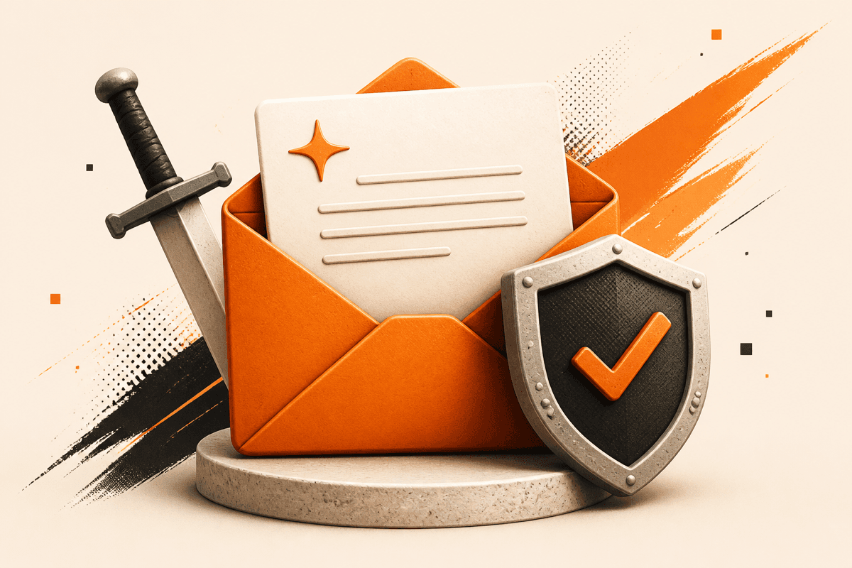 Orange envelope holding a letter on a stone pedestal, flanked by a sword and a shield with an orange checkmark
