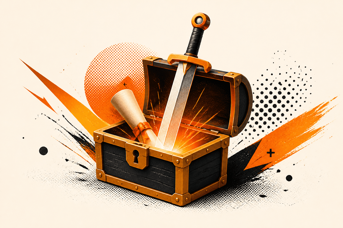 Illustration of a treasure chest opening to reveal a sword and a scroll, representing a LinkedIn cold message toolkit for internships