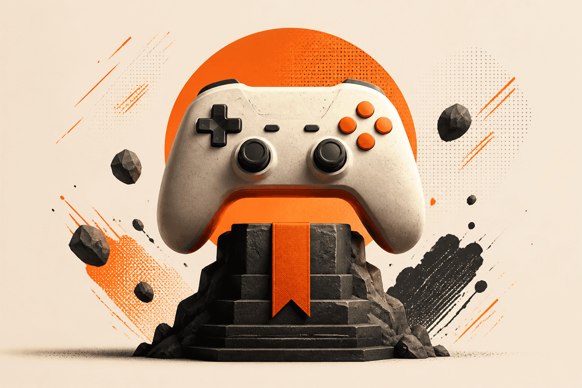 Cream game controller mounted on a stone pedestal with an orange banner, set against an orange sun and halftone texture