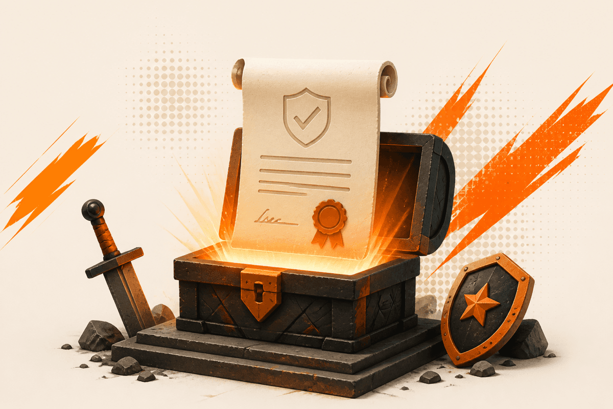 Open treasure chest on a stone pedestal releasing a glowing certificate scroll with a wax seal, flanked by a sword and a star shield