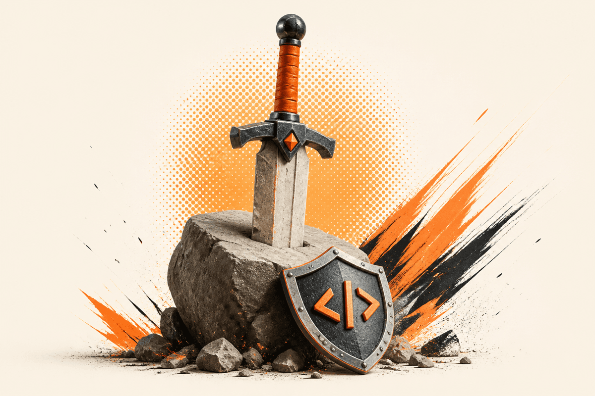 Sword embedded in a stone beside a shield marked with orange code brackets, representing developer resume skills