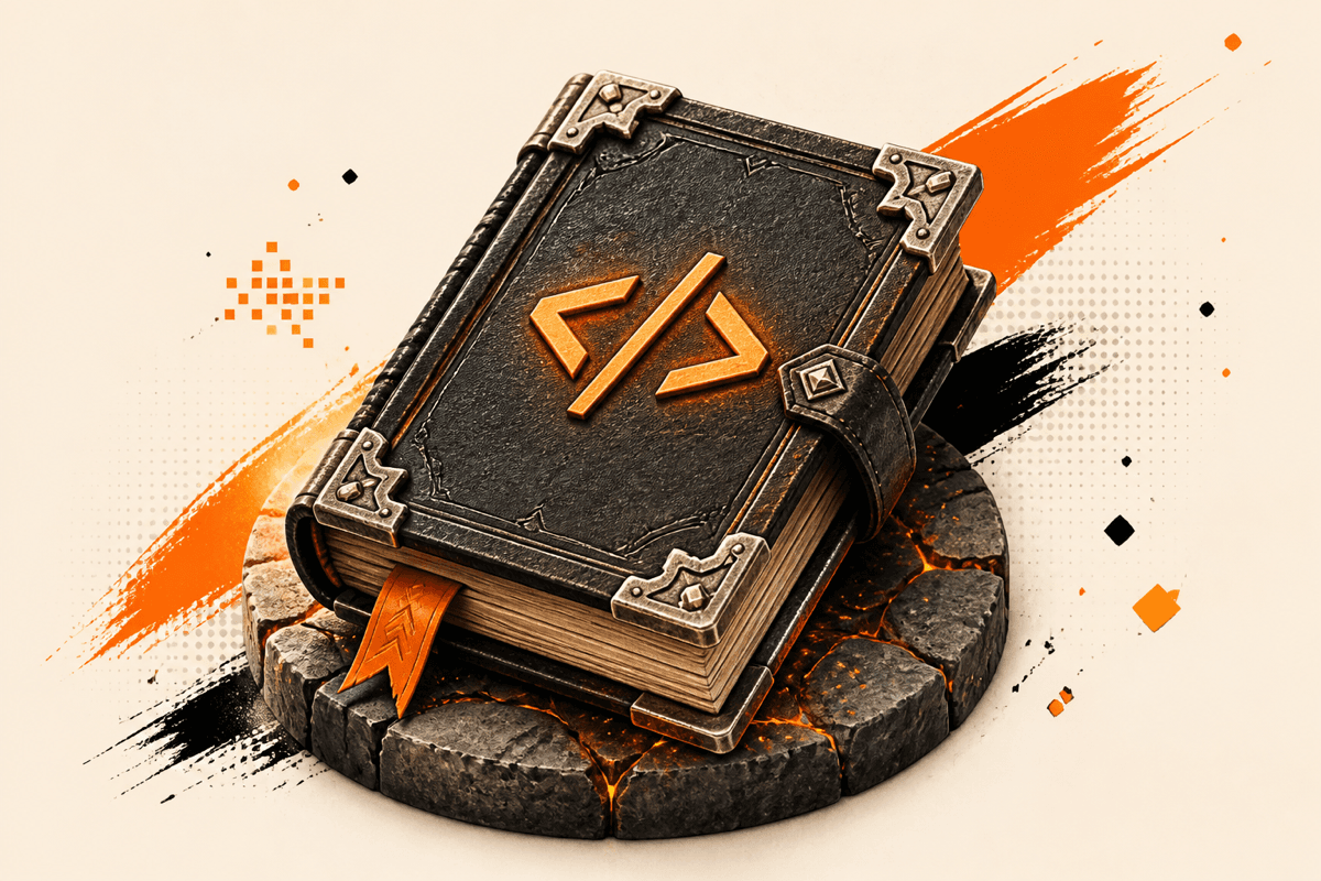 Illustration of an armored spellbook stamped with a glowing orange code bracket, resting on a stone pedestal