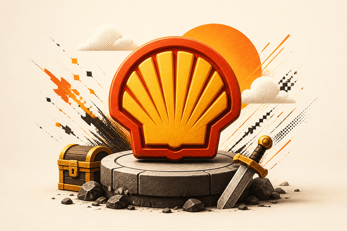 Shell logo mounted on a stone pedestal beside a treasure chest and a sword, illustrating the Shell Graduate Programme 2026 India